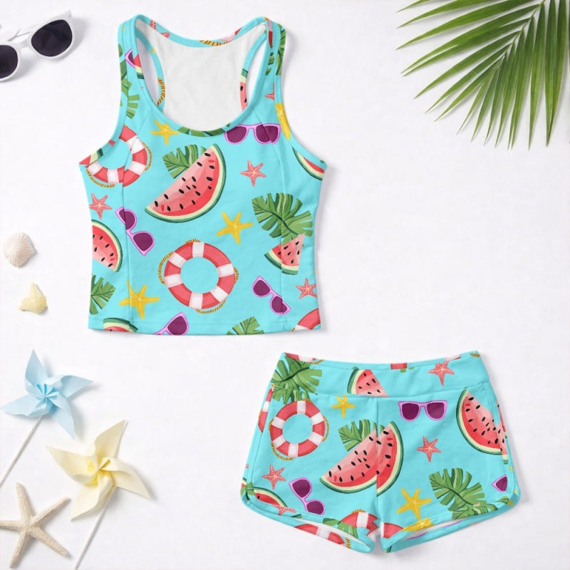 Girls Fashionable Swimsuit Set With Watermelon Print