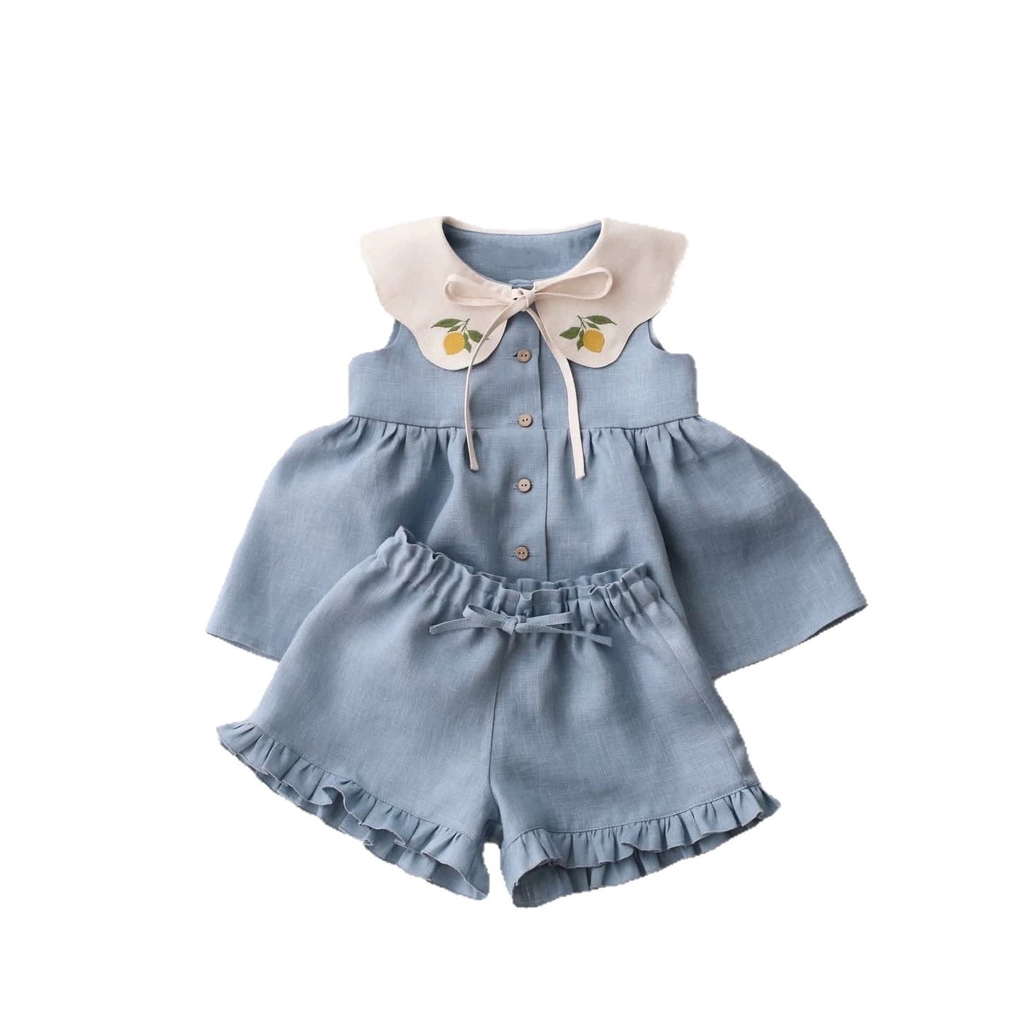 Childrens Sleeveless Embroidered-Neck Top And Shorts Two-Piece Set