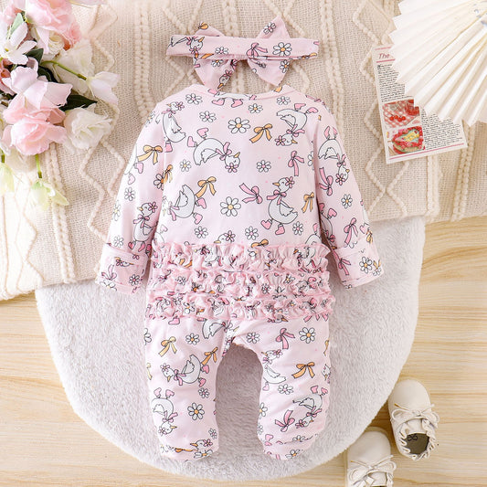 Cute Baby Girl Long-sleeve Bodysuit With Duck Print